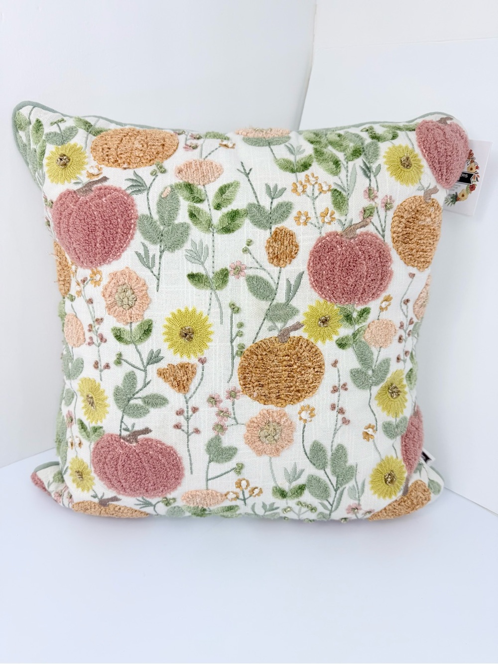 Gardeners Eden Cream Pumpkin Embroidered Soft Woven Sparkle Fall Accent Pillow